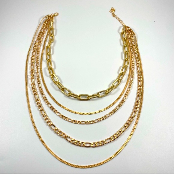 Gold Tone 5 Layer Multi Chain Boho Trendy Fashion Necklace Streetwear Classic - Picture 1 of 6